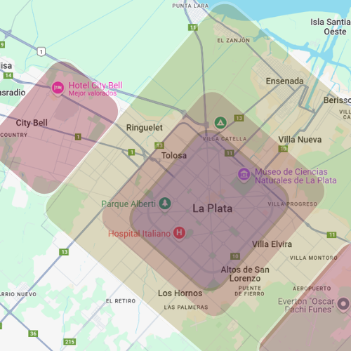 Mapa de La Plata y alrededores con las zonas de cobertura marcadas en color