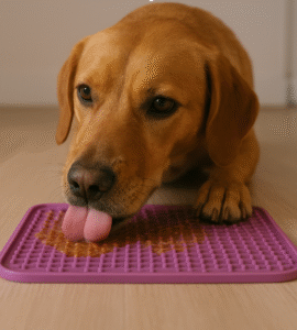 un perro lamiendo una alfombra de lamida o lick mat