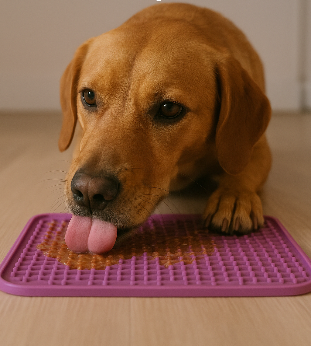 un perro lamiendo una alfombra de lamida o lick mat